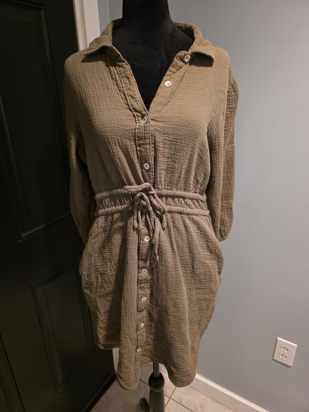 Maurices Olive Gauze Button-Front Shirt Dress